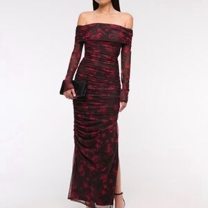 Abercrombie & Fitch Off-Shoulder Long Sleeve Dress in Black and Red